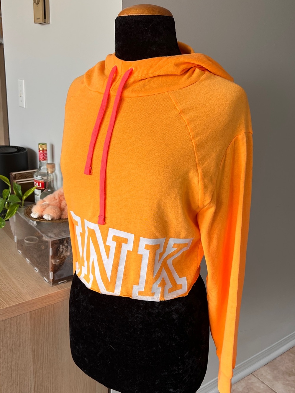 Bright Orange PINK Victoria's Secret Logo Cropped Hoodie Sweater